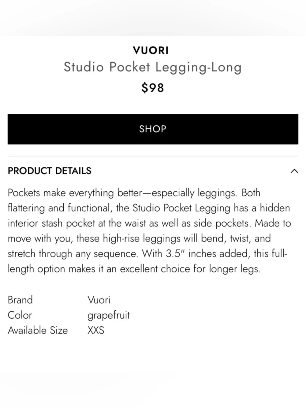 Vuori Studio Pocket Long, High-Waist Leggings - guc, grapefruit, sz L - Picture 3 of 4